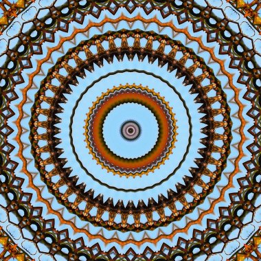 Soyut coloful mandala arka plan. Trendy daire doğal mandala bitki ve mavi gökyüzü. Simetrik yuvarlak mandala tasarım.