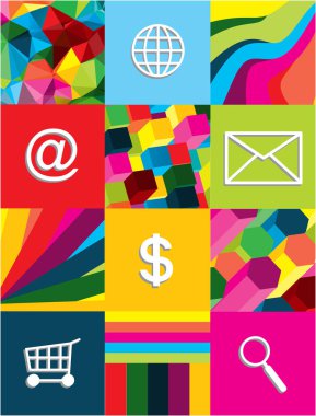 Renkli parlak arkaplanlar ve web sembollerine sahip düz tasarım vektör kavramı