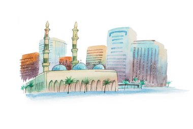 Aquarelle cityscape Camii ile 