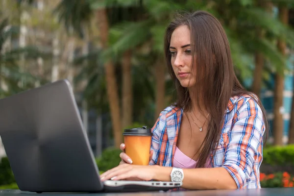 Junge Frau tippt auf ihrem Laptop — Stockfoto