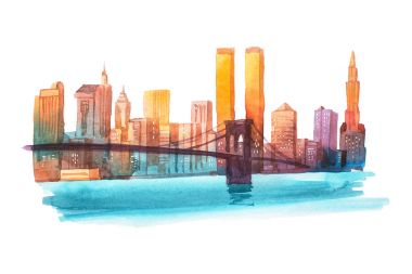 Manhattan Köprüsü New York cityscape suluboya resim.