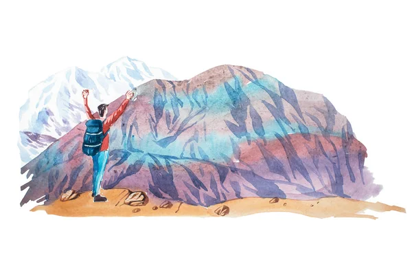 Mann betrachtet natürliche Berglandschaft Aquarell-Illustration. — Stockfoto