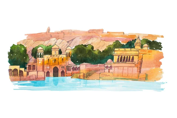 Desenhado à mão esboço aquarela do Palácio da Água, lago Jaipur, na Índia — Fotografia de Stock