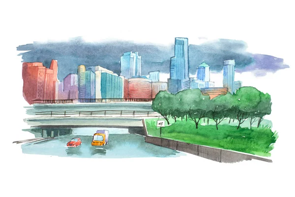 Paisagem urbana Aquarelle com casas e edifícios ilustração aquarela . — Fotografia de Stock