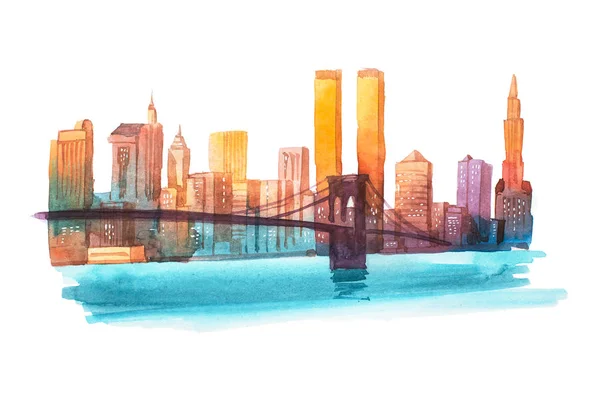 Manhattan bridge New York cityscape watercolor illustration. — Stock Photo, Image