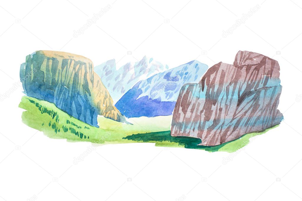 Natural summer beautiful mountain landscape watercolor illustration.