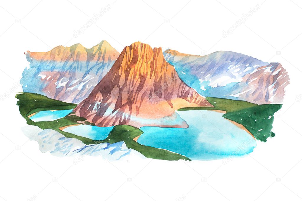 Natural summer beautiful mountain landscape watercolor illustration.