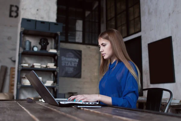 Magabiztos, koncentrált fiatal nő dolgozik laptop ülve kreatív étterem — Stock Fotó