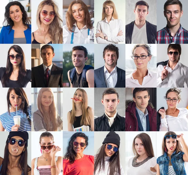 Samling av olika många glada leende unga ansikten kaukasiska kvinnor och män. Konceptet business, avatar. — Stockfoto