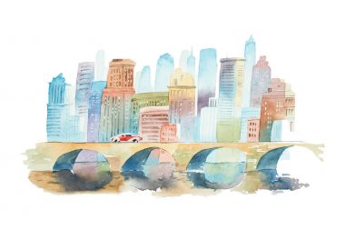 Bir taş köprü ön planda ve arka planda yüksek binalar ile suluboya cityscape el çekilmiş