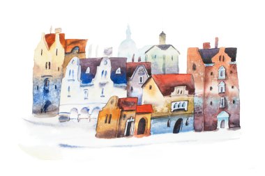 Eski şehrin Avrupa'da sokak el çekilmiş kartpostal. Suluboya cityscape