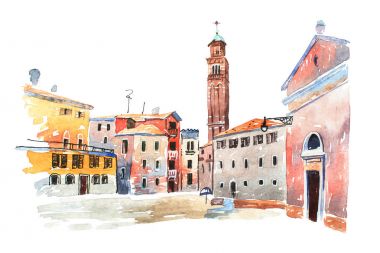 Renkli suluboya eski şehir Avrupa beyaz kağıt üzerine çizilmiş kroki. Görünüm Santa Maria dei Frari çan kulesi Venedik, İtalya