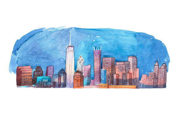 Watercolor drawing cityscape night city aquarelle painting.