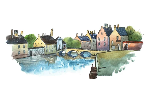 古いドイツの小さな町で石の橋の水彩画ポストカード。夏に aquarelle 図ヨーロッパの都市 — ストック写真