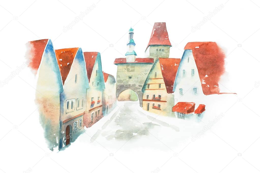 Famous street of old historic Bavarian town Rothenburg ob der Tauber painted with watercolors on white background