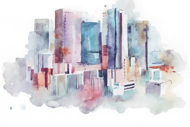 Çizim cityscape büyük şehir şehir, aquarelle suluboya