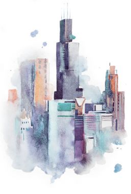 Çizim cityscape büyük şehir şehir, aquarelle suluboya.