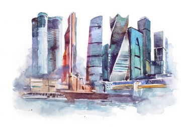 Moskova şehri çizim suluboya. Uluslararası İş Merkezi aquarelle boyama