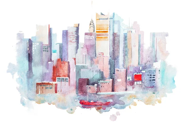 Desenho aquarela da paisagem urbana de Nova York, EUA. Pintura aquarelle Manhattan — Fotografia de Stock