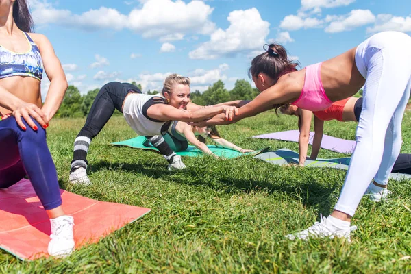 Групповые женщины разогреваются перед тренировкой, тренируются на открытом воздухе — стоковое фото