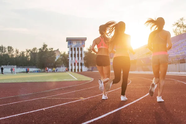 Vista trasera de mujeres atletas corriendo juntas en el estadio . — Foto de Stock