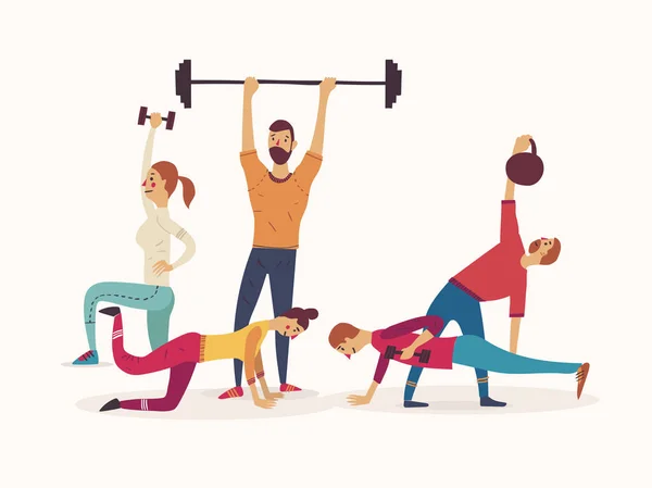 Grupo de atletas que trabajan con pesas y pesas levantando pesas . — Archivo Imágenes Vectoriales