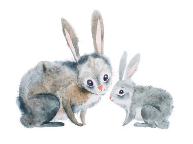 Anne tavşan ve bebek aquarelle tekniği ile çizilmiş
