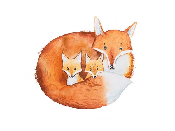Рисунок милой лисицы семьи, матери и двух лисиц-детенышей — стоковое фото