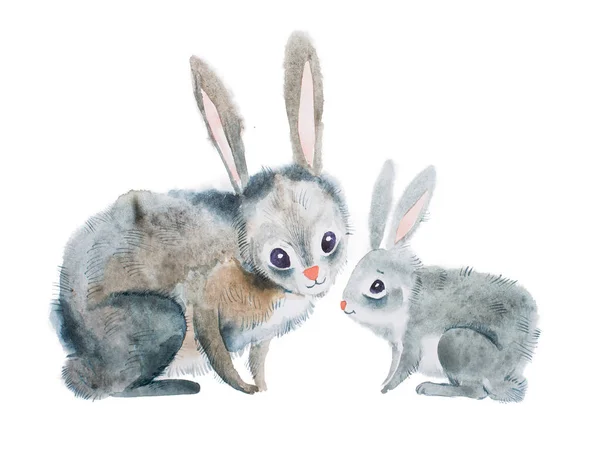Mamma kanin och baby handritade med akvarell teknik — Stockfoto