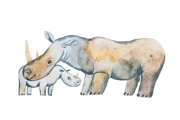 Zwei mit Aquarellen gezeichnete Flusspferde. Muttertagskarten-Idee. Nilpferd und ein Baby — Stockfoto