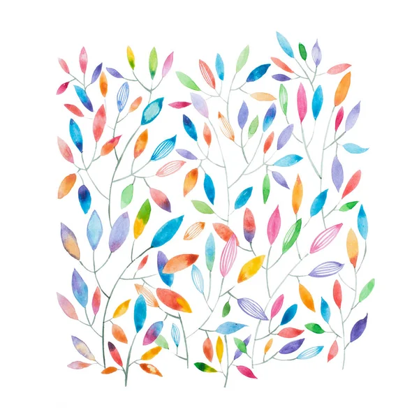 Watercolor painting of thin tree branches with multicolored leaves — Stock Photo, Image