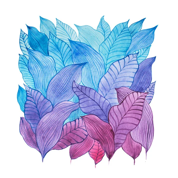 Aquarelle illustration of overlapping leaves drawn with cool color combination — Stock Photo, Image