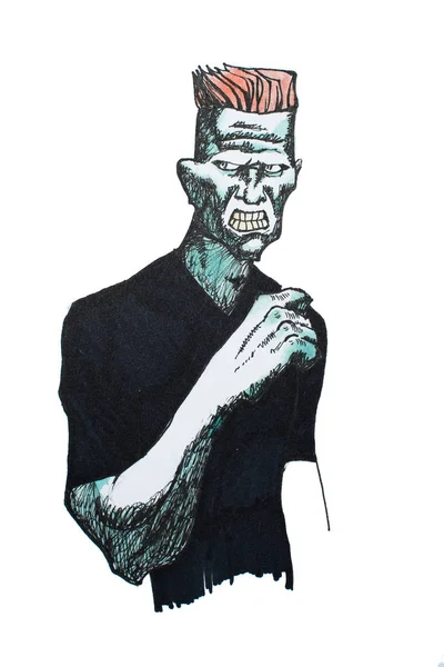 Ritratto a penna e inchiostro di uomo brutale dall'aspetto aggressivo e minaccioso disegnato su carta bianca — Foto Stock