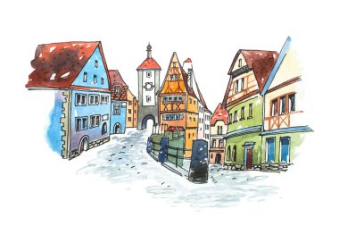 Almanya'da eski şehrin çizilmiş suluboya resim ver. Romantik cityscape Bavyera Rothenburg ob der Tauber beyaz kağıda boyanmış.