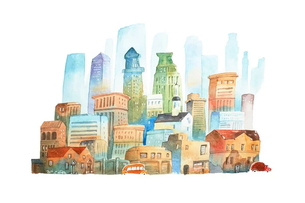 큰 현대 도시 뉴욕 손으로 흰색 바탕에 그린 수채화 그림 — 스톡 사진