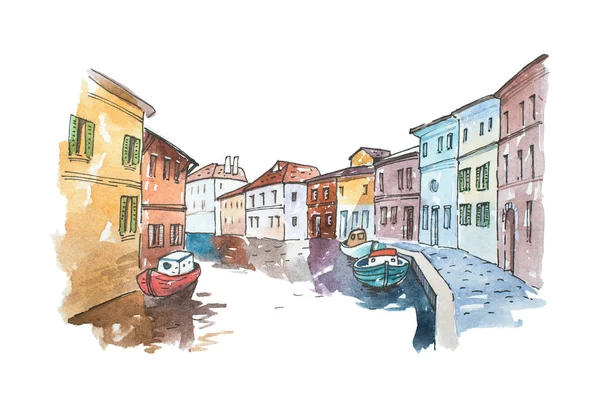 Watercolor picture of typical scenery  Venice with boats parked next to buildings in a water canal, Italy. — Stock Photo, Image