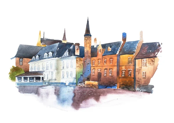 Akvarell stadsbild. Traditionell arkitektur av Europeiska hus — Stockfoto