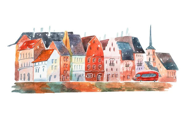 수채화 그림으로 네덜란드에서 평화로운 거리의 전형적인 유럽 건축 주택 — 스톡 사진