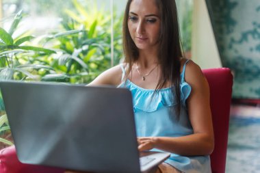 Bir proje üzerinde çalışıyor, yazarak, bilgi için internet kafe terasında oturup onu laptop arama kadın serbest meslek