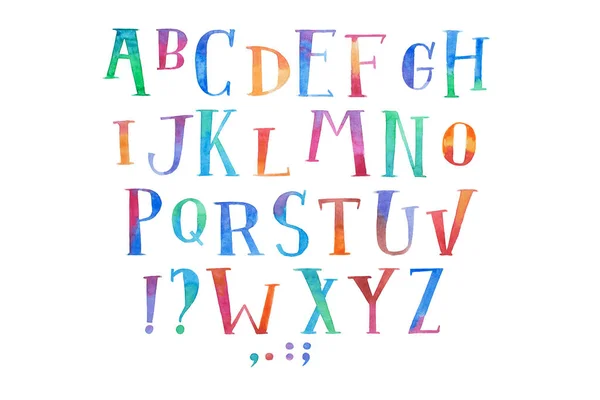 다채로운 수채화 해당 글꼴 형식 손으로 손을 그리기 abc 알파벳 편지 — 스톡 사진