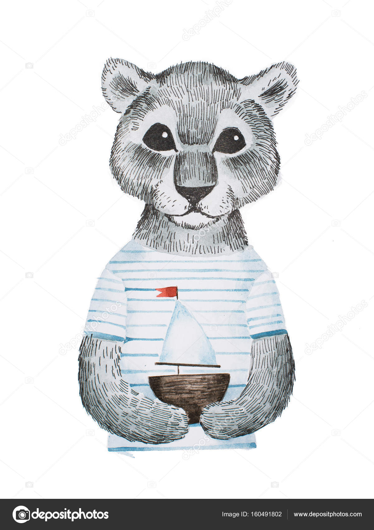 Full Face Portrait Of Cute Panther Baby Wearing Striped T Shirt Holding A Toy Ship Hand Drawn With Pencil And Watercolors Stock Photo By C Undrey