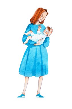 Genç anne bebeği uyku lulling. Bebek annesiyle çizilmiş karikatür