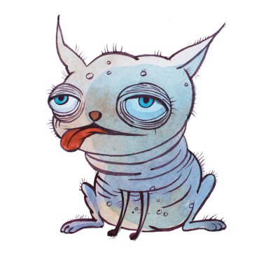 Küçük çirkin kel karikatür köpek büyük şişkin gözler ile oldukça uzak ayrı elle suluboya ile çizilmiş ayarlamak.