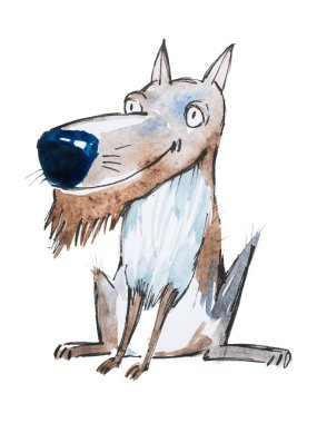 Komik karikatür köpek ya da kurt ile kürk sakal elle çizilmiş gülümseyen çizim suluboya