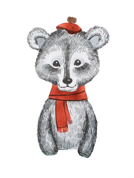 Симпатичный мультяшный медведь в красном шарфе и кепке — стоковое фото