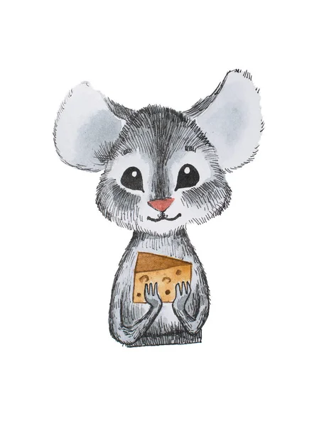 Petite souris mignonne tenant du fromage avec les deux mains dessinées à la main — Photo