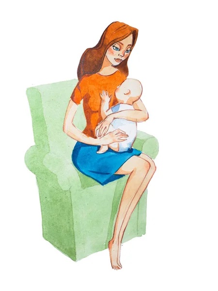 Cartoon mother hugging a baby. Aquarelle illustration of motherhood concept