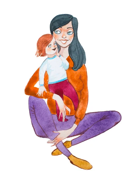 Desenho aquarela de mãe feliz segurando e abraçando seu filho — Fotografia de Stock