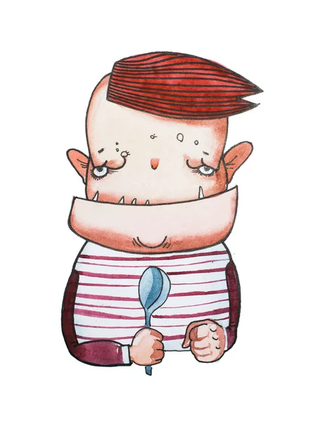 Гломійський мультиплікаційний хлопчик-монстр з квадратною щелепою і гострими зубами, чекаючи на їжу, що тримає ложку. Персонаж коміксу, намальований акварелями — стокове фото