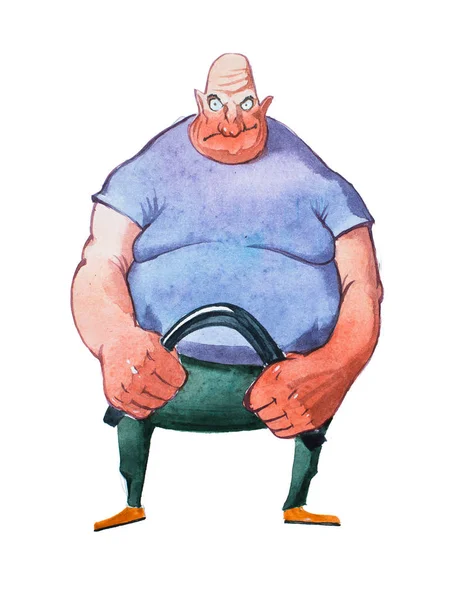 Карикатурный портрет большого толстого лысого силача, изгибающегося металлическим прутом, нарисованным акварелью — стоковое фото